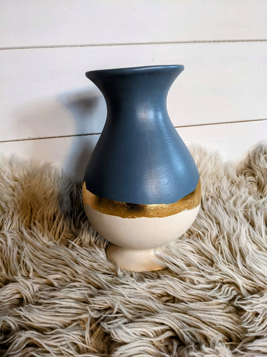 Vase bleu gris / beige et feuille d'or
