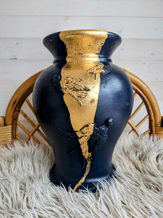 Vase bleu marine / oiseaux et feuille d'or