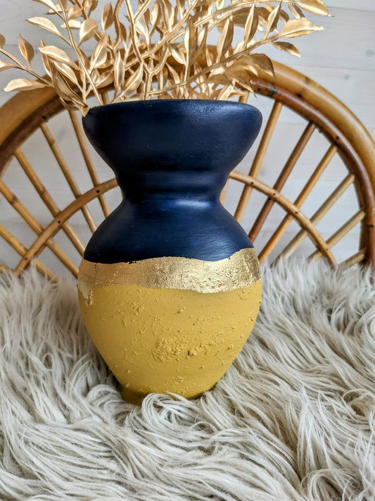 Vase jaune moutarde et bleu marine, feuille d'or