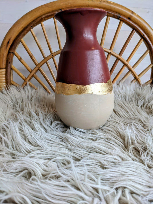 Vase  bordeaux et beige, feuille d'or